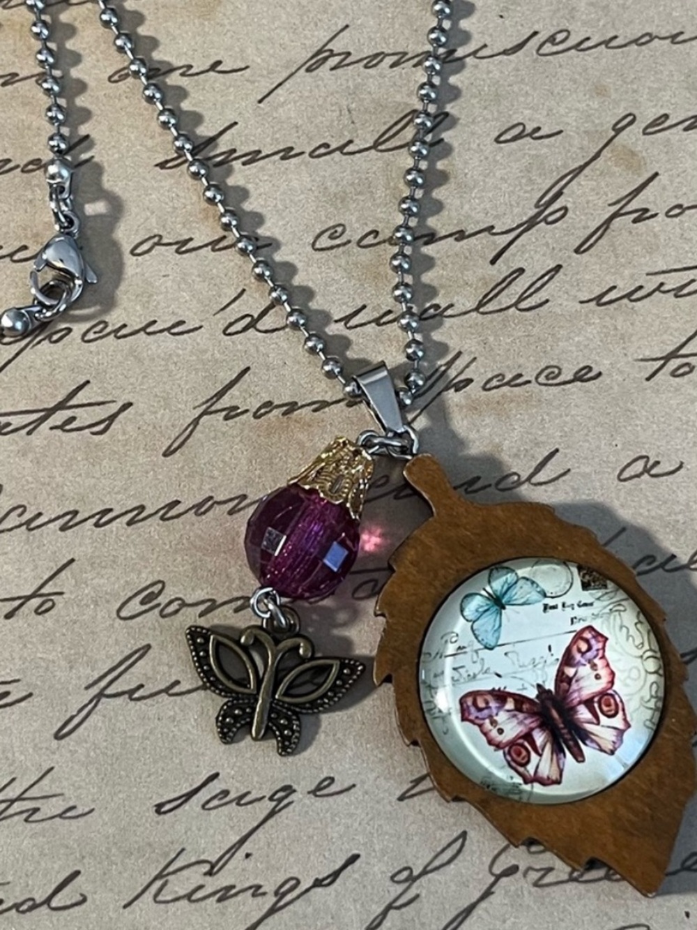 Handcrafted Wooden Leaf Butterfly Necklace Boho Nature Inspired 26” - Picture 6 of 15